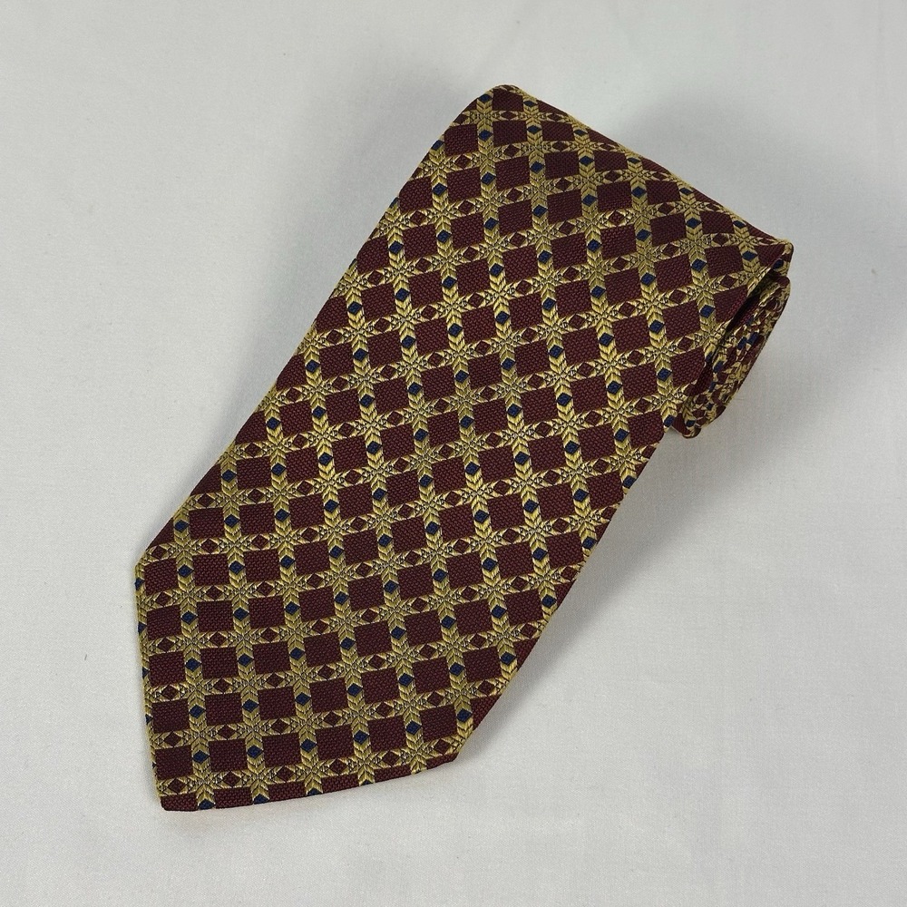 Harold Powell Silk Tie Red Gold Lattice Geometric Pattern USA Made 3.75"W 60"L